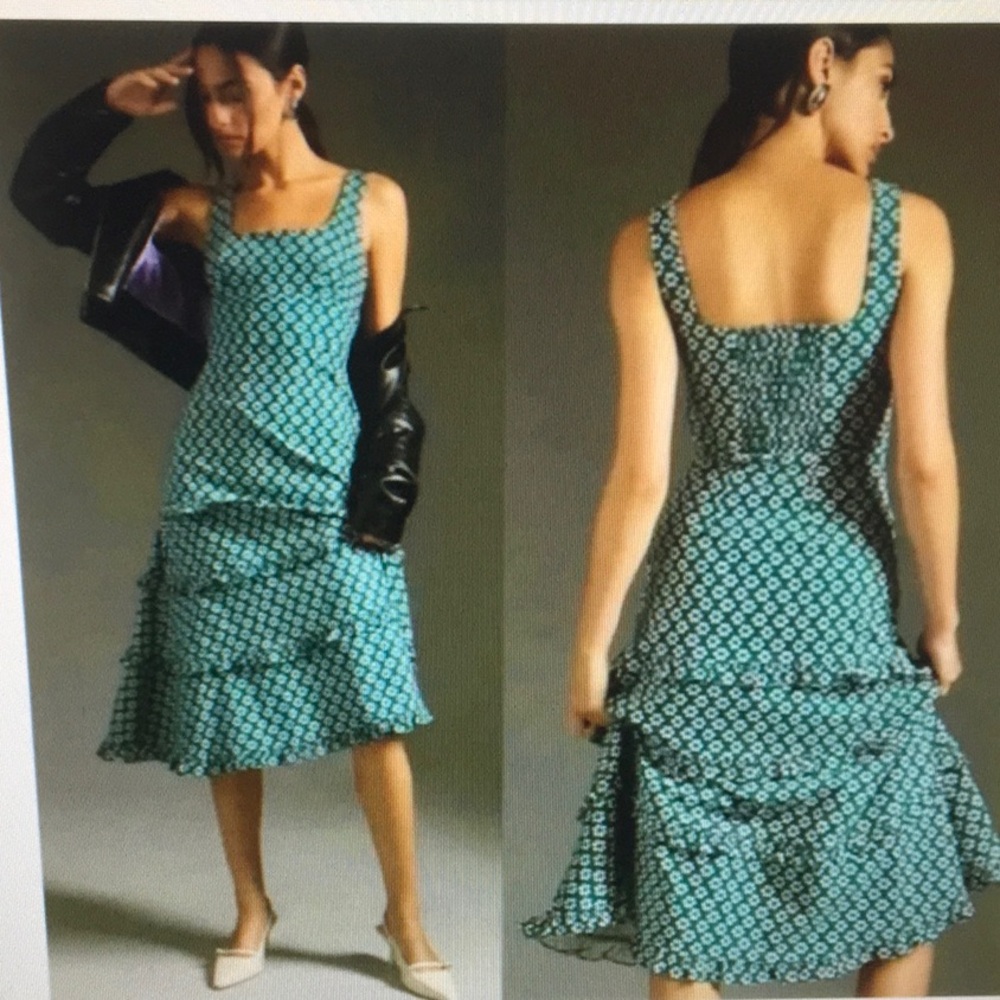 ANTHROPOLOGIE/“BLYTHE”SQUARE NECK TIERED GREEN FLORAL MIDI DRESS/NEW